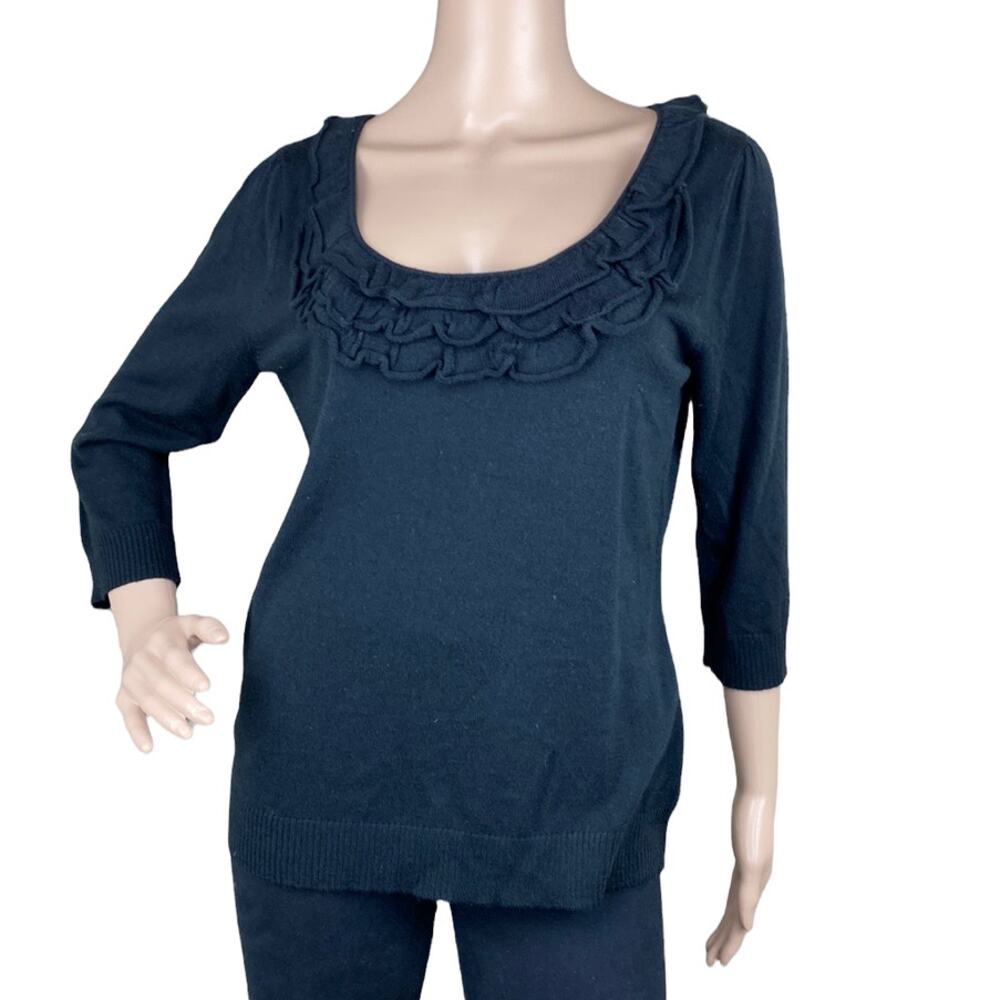 New York & Company Women Black Knit Ruffle Scoop Neck 3/4 Sleeves Sweater Top M
